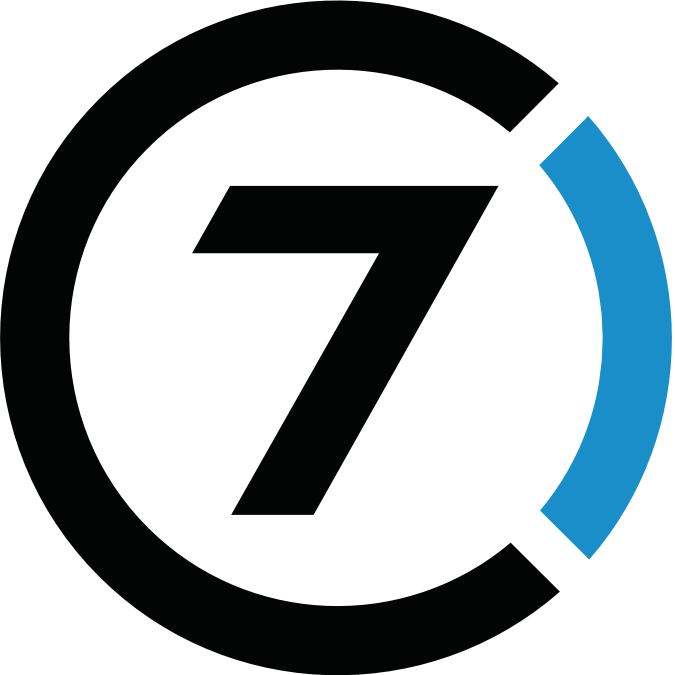 A logo with the number 7 inside of the letter C in black with a blue arc that fills in the gap in the C.